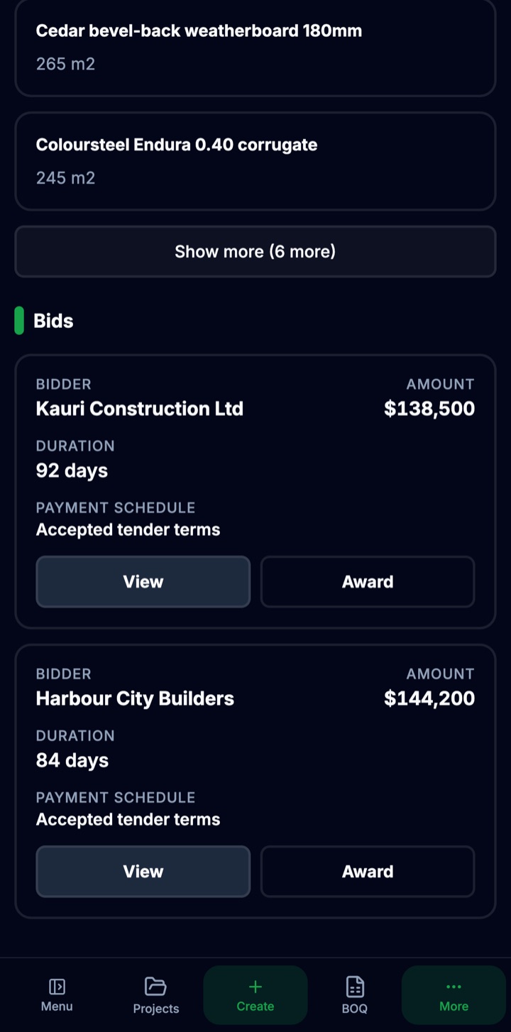 QSME app: two bids on the same tender, each with amount, duration and payment schedule, ready to award