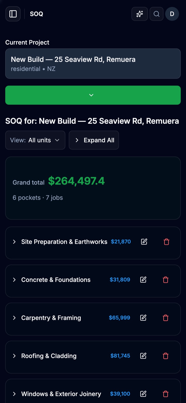QSME app: the schedule of quantities for a new build in Remuera, priced by trade with a grand total